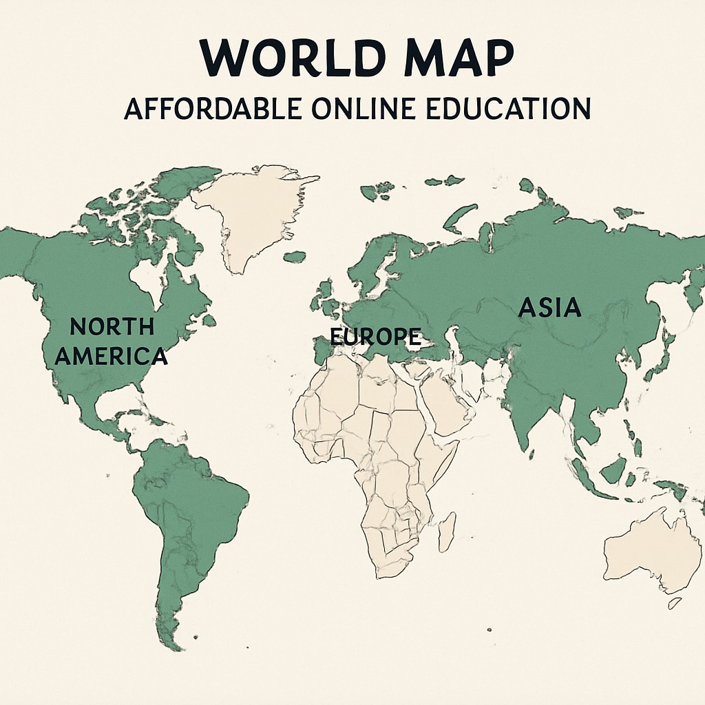 A world map with highlighted regions showing Europe, Asia, and North America as hubs for affordable online education. Global reach of affordable online business degrees in Europe, Asia, and North America
