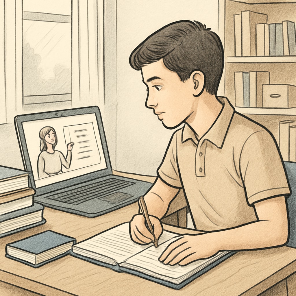 A young high school student taking an online course at home on a laptop, symbolizing extracurricular learning. High school student using online education resources for extracurricular learning.