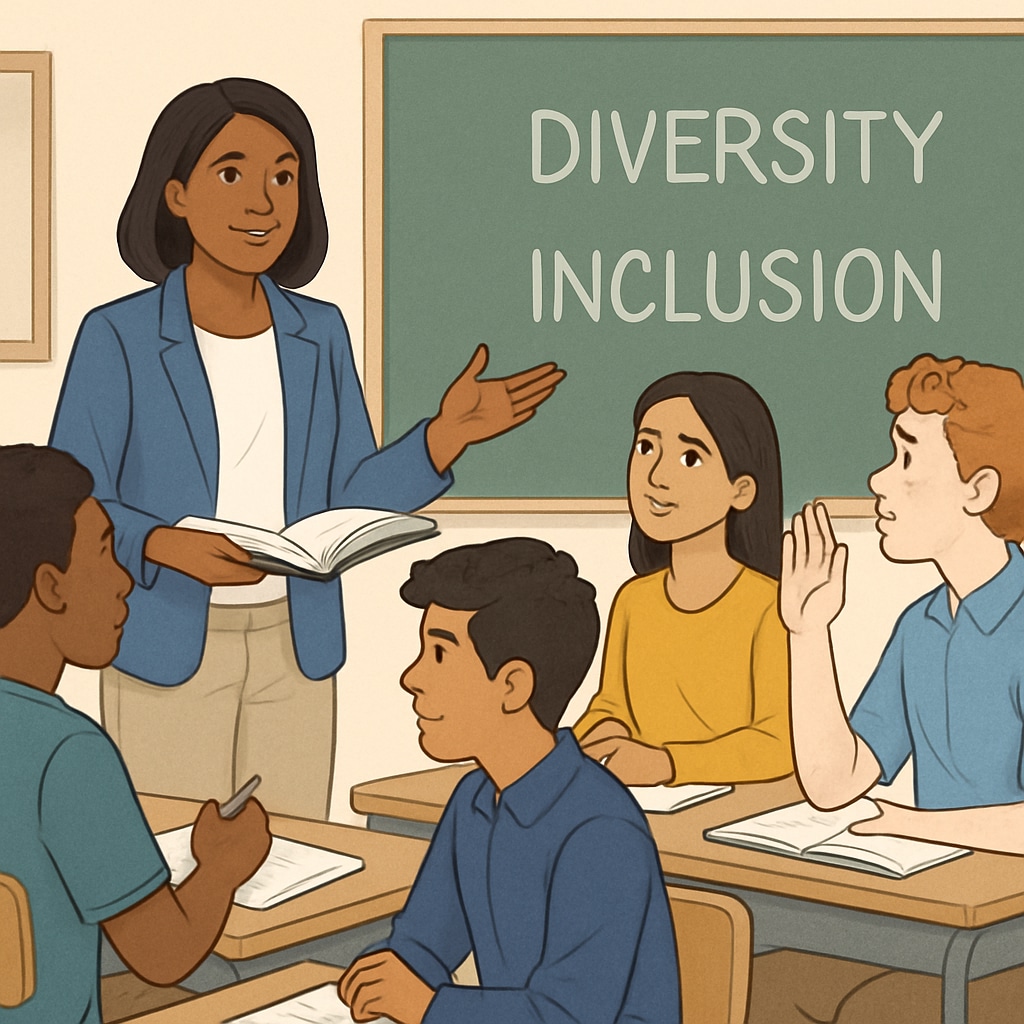A teacher leading a discussion on diversity and inclusion with high school students. Teacher guiding high school students in a discussion about diversity and inclusion.