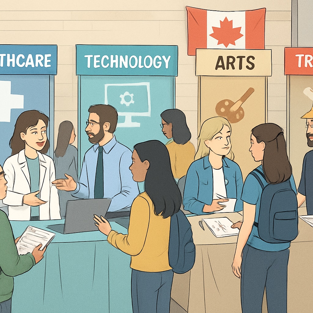 A high school career fair in Canada, featuring booths from various industries and career counselors providing advice to students. Canadian high school career fair with diverse industry participation.