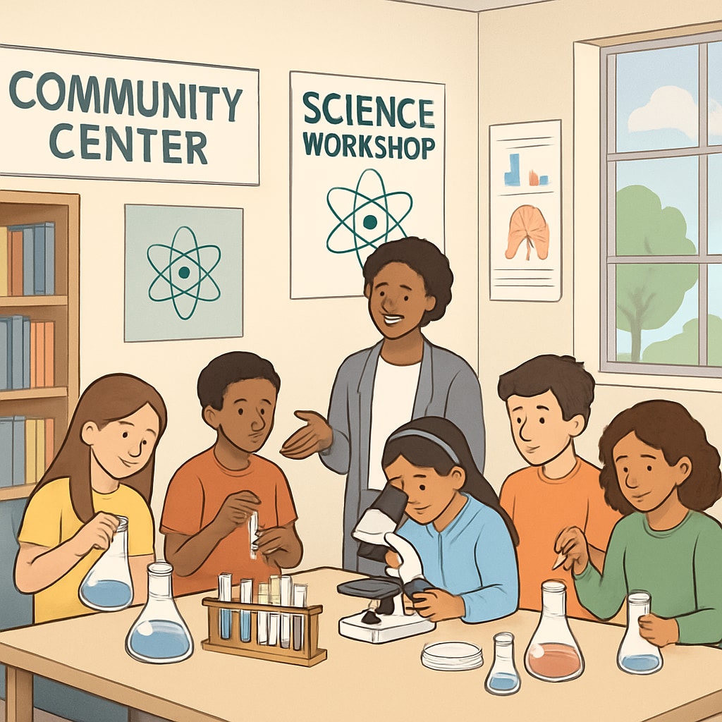 A community center hosting a science workshop with students actively participating in hands-on experiments. Students participating in a science workshop as part of extracurricular learning resources.