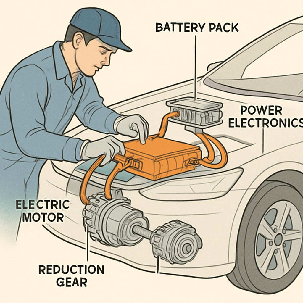 Automotive technician working on an electric vehicle's powertrain system. Automotive technician performing electrical diagnostics on an EV system.