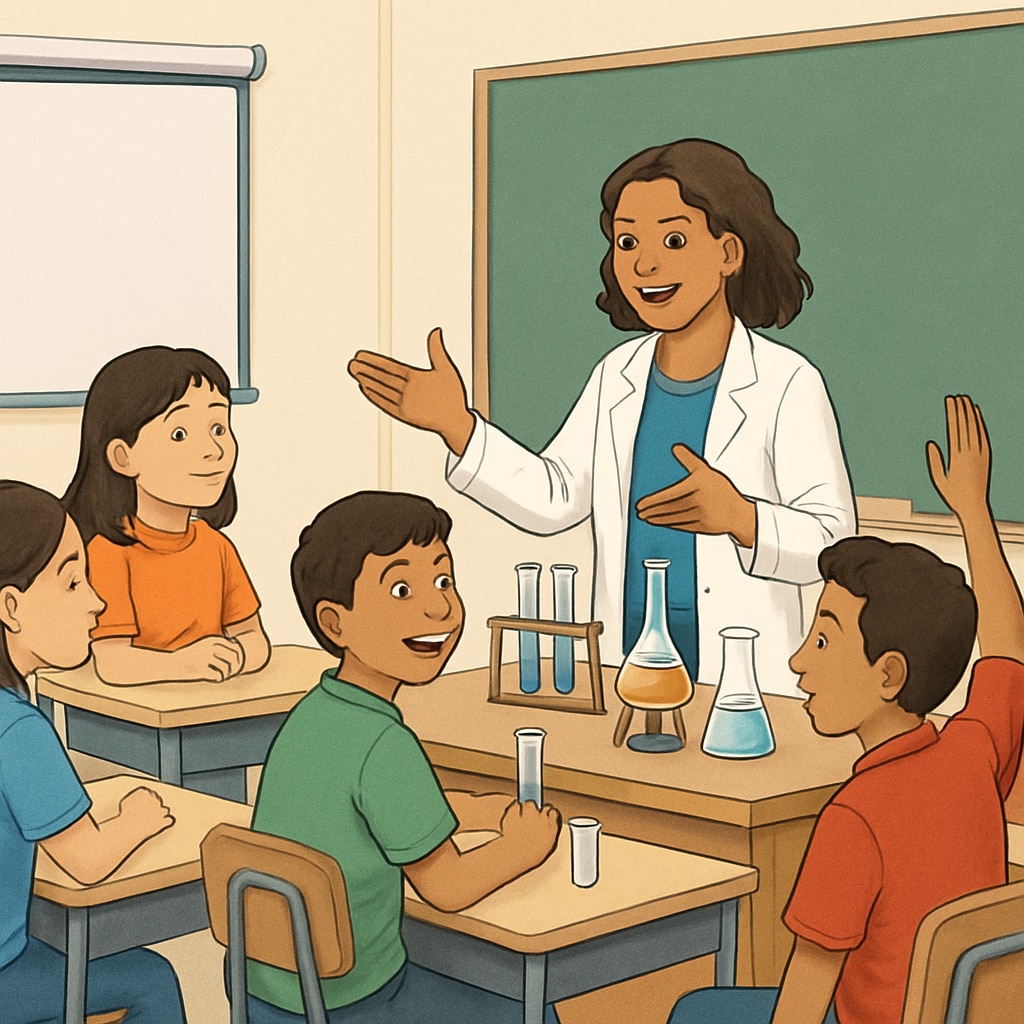 A classroom setting where a teacher is conducting a science experiment while engaging ELL students in a discussion about the activity. Teacher conducting a science experiment with ELL students using interactive methods to simplify concepts.