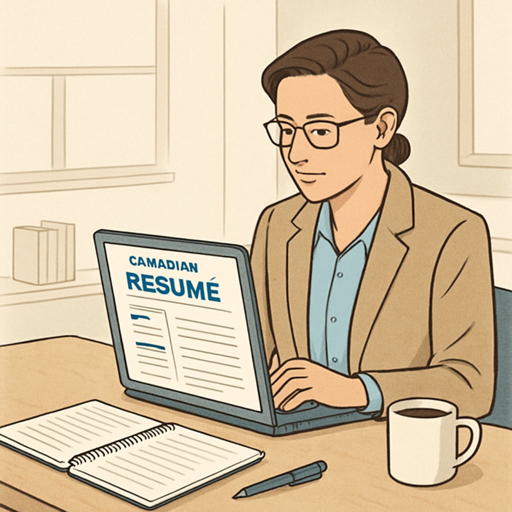 A professional teacher reviewing their resume on a laptop, with a focus on aligning it to Canadian standards. Teacher reviewing resume for Canadian job market.