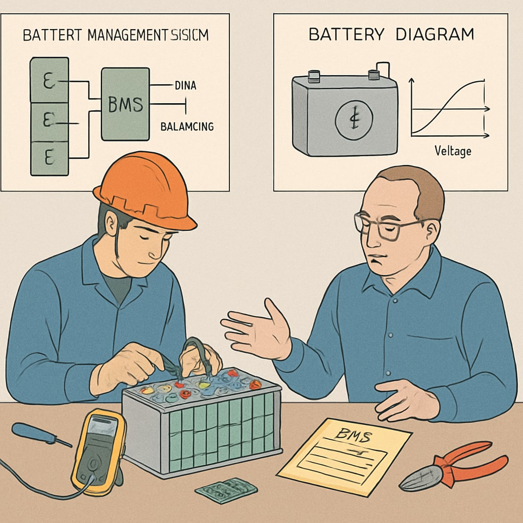 Hands-on training session during an electrical apprenticeship, focusing on battery management systems. Apprentices learning battery management system repair during training.