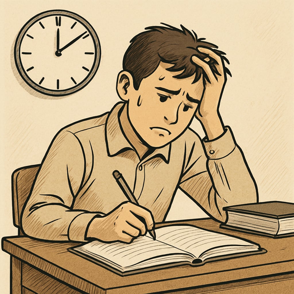 A student sitting at a desk, looking stressed, with a clock in the background symbolizing time pressure. A stressed student during an exam, highlighting math anxiety and time pressure.
