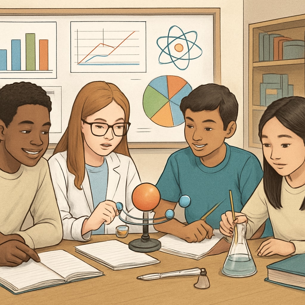 A diverse group of students working together on a science project, with visual aids such as charts and diagrams displayed on a nearby board. Diverse students collaborating on a science project with visual aids to support learning.