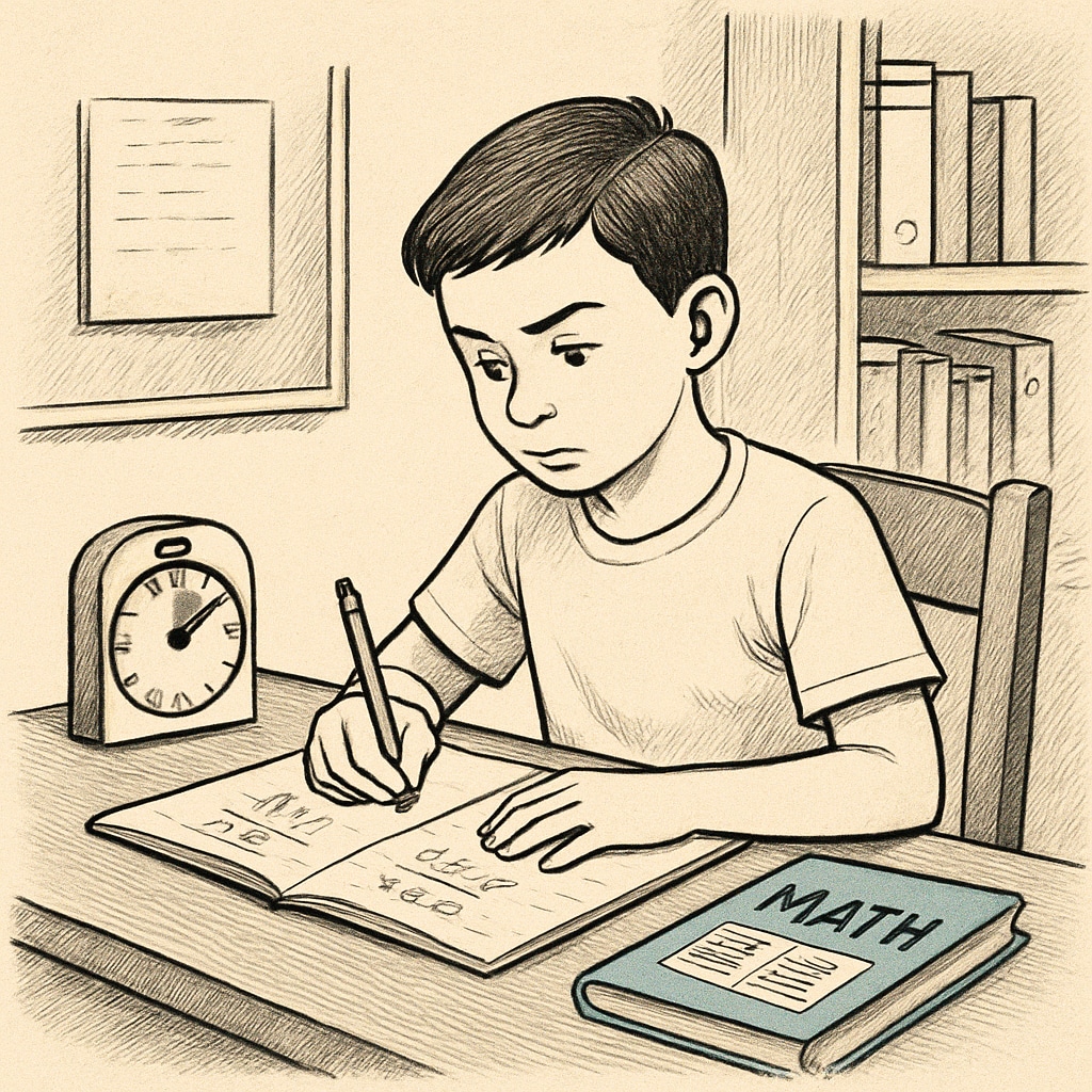 A student practicing math problems at home with a timer on the desk, symbolizing preparation under timed conditions. A student practicing math under timed conditions to reduce anxiety.