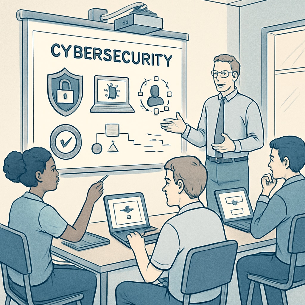 A classroom setting where students are engaged in learning cybersecurity concepts using laptops and interactive tools. Students learning cybersecurity in a classroom environment.