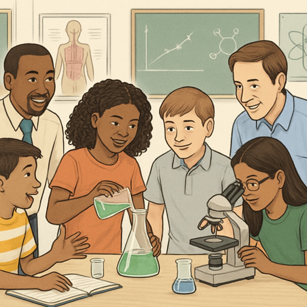 A diverse group of middle school students and teachers engaging in a hands-on science activity, representing OpenSciEd’s collaborative and inquiry-based approach. Middle school students and teachers participating in a hands-on science activity, highlighting OpenSciEd’s approach to education.