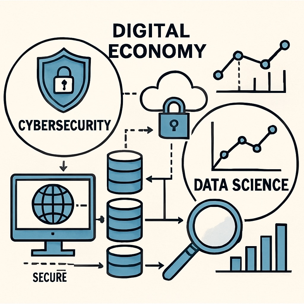 A technical graphic illustrating the intersection of cybersecurity and data science in the digital economy. A visualization showing the overlap and importance of cybersecurity, data science, and career opportunities in the digital age.