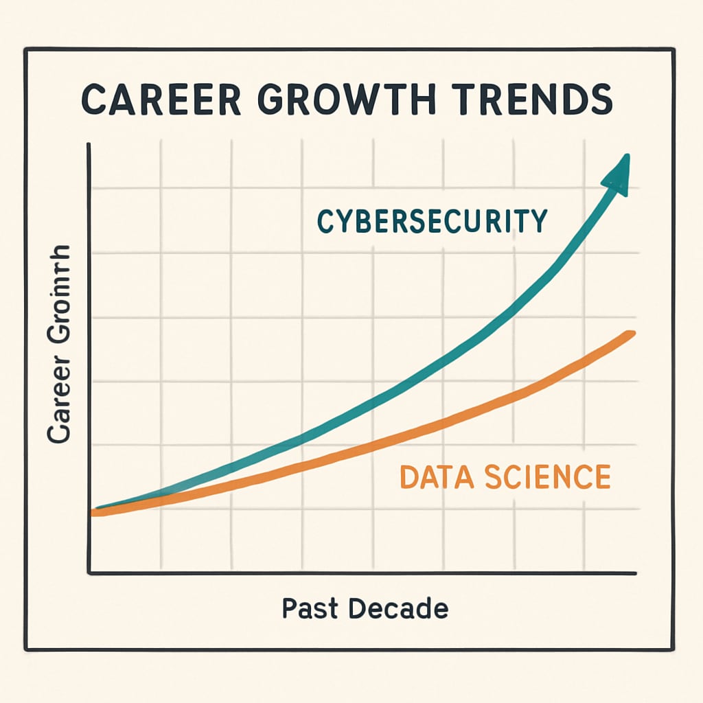 A data visualization chart comparing career growth trends in cybersecurity and data science over the past decade. Career growth trends in cybersecurity and data science.