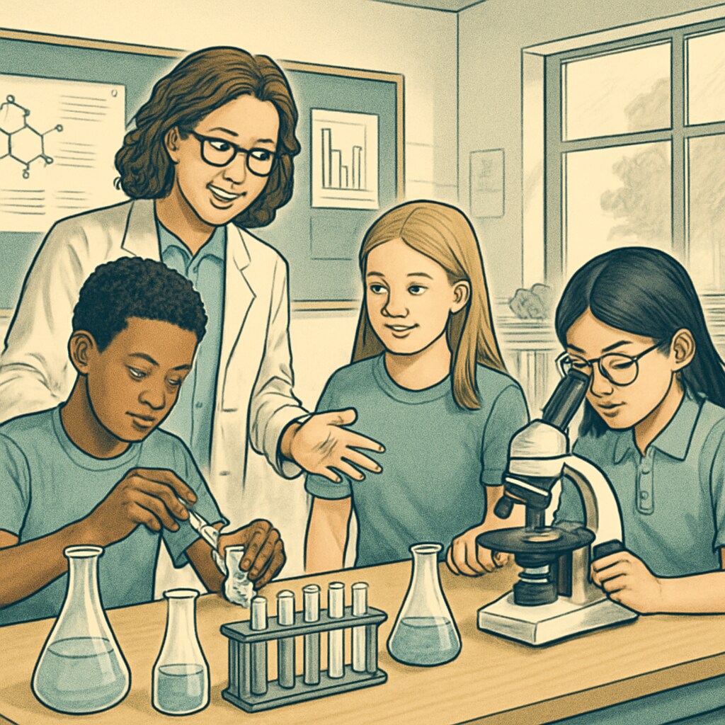 A teacher facilitating a group experiment in a middle school science lab, showcasing the hands-on, real-world focus of OpenSciEd curricula. A science teacher guiding students through a group experiment, demonstrating OpenSciEd’s real-world teaching methods.