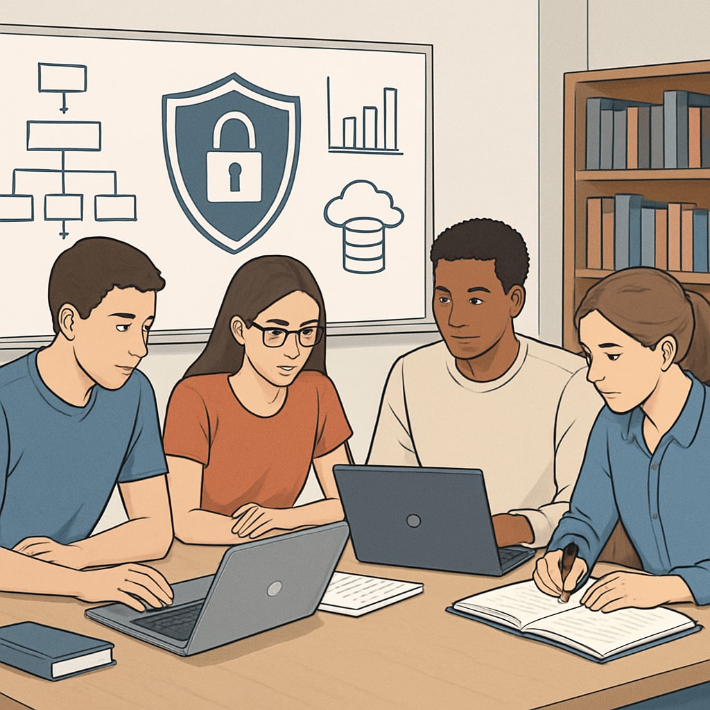 An engaging photo of students working together on a cybersecurity or data science project in a classroom setting. Students collaborating on a technology-based project to explore cybersecurity and data science concepts.
