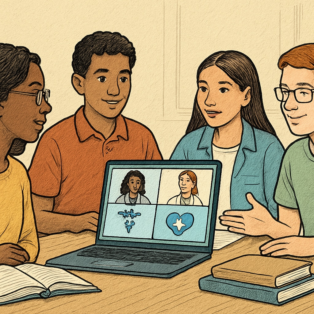 A diverse group of students engaging in an online discussion about healthcare careers, representing a Discord learning community. Nursing students collaborating in an online Discord community.