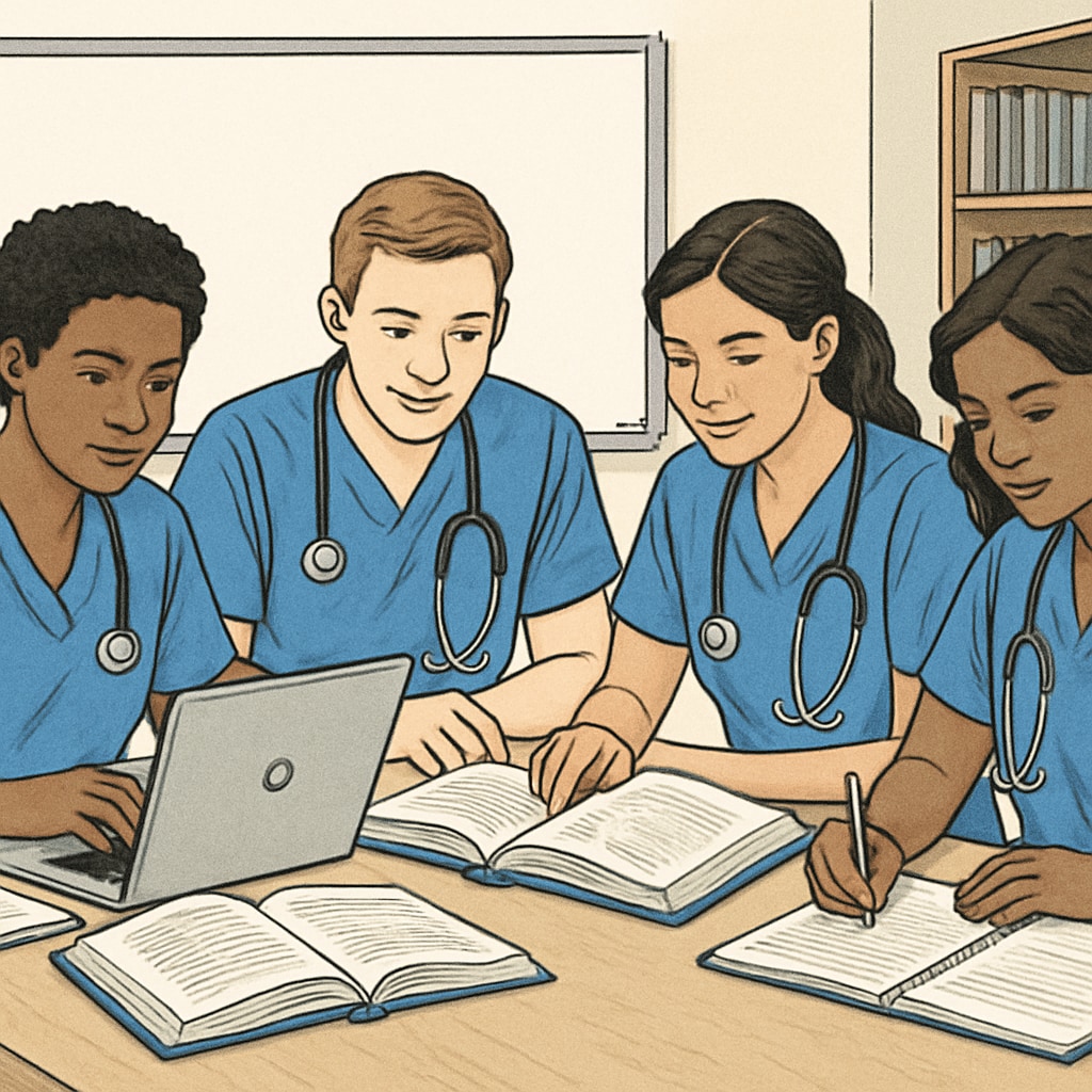 A group of nursing students studying together using laptops and books in a collaborative setting. Nursing students working together in a study group.