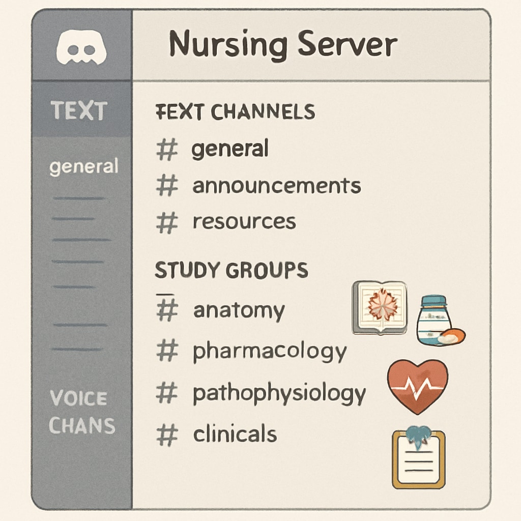 A screenshot of a Discord server interface showing organized channels for nursing-related discussions and study groups. Discord platform interface tailored for nursing students’ learning groups.