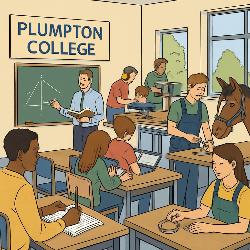 A classroom setting at Plumpton College, with students participating in both academic and vocational activities. This image highlights the diverse learning environment. Plumpton College students participating in classroom and vocational activities.