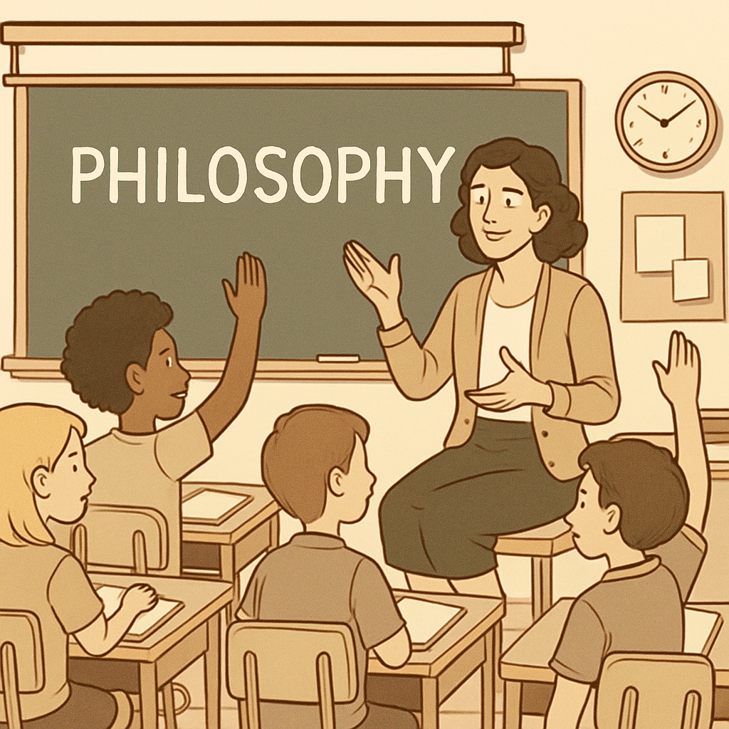 A classroom of young students engaging in a philosophy discussion with a teacher. Students and a teacher discussing philosophical ideas.