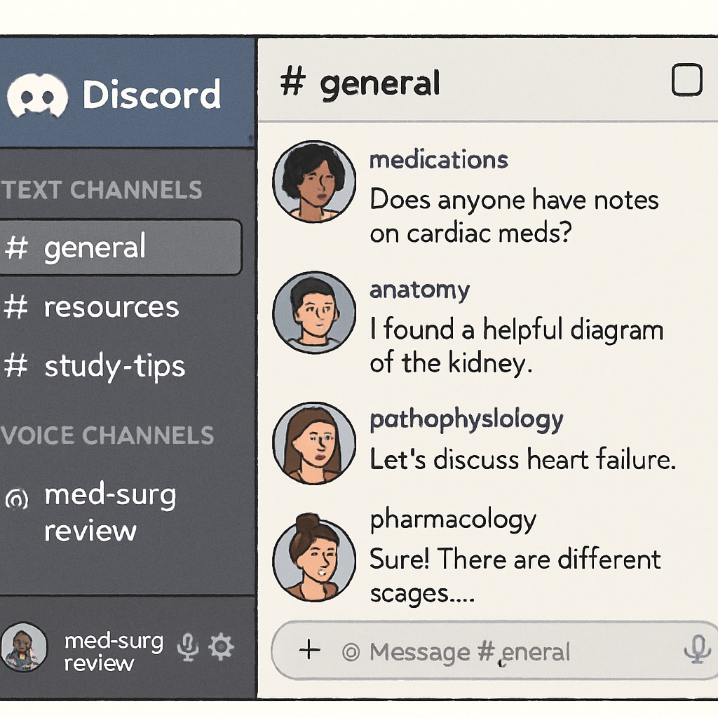 An illustration of a Discord interface showing channels and active discussions for a nursing study group. Discord interface for a nursing study group.