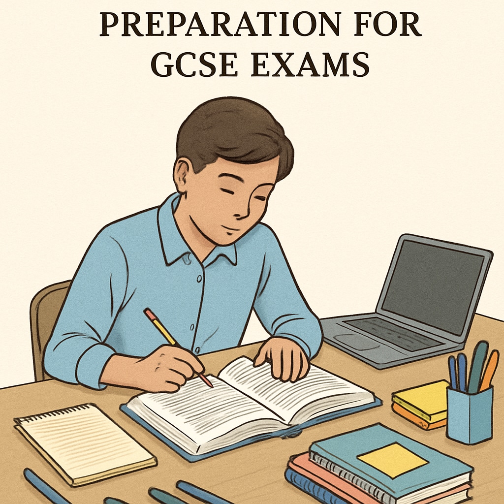 A student studying with a textbook and laptop, surrounded by neatly organized materials, representing effective educational planning for GCSE exams. A Plumpton College student engaged in GCSE exam preparation with organized study tools.