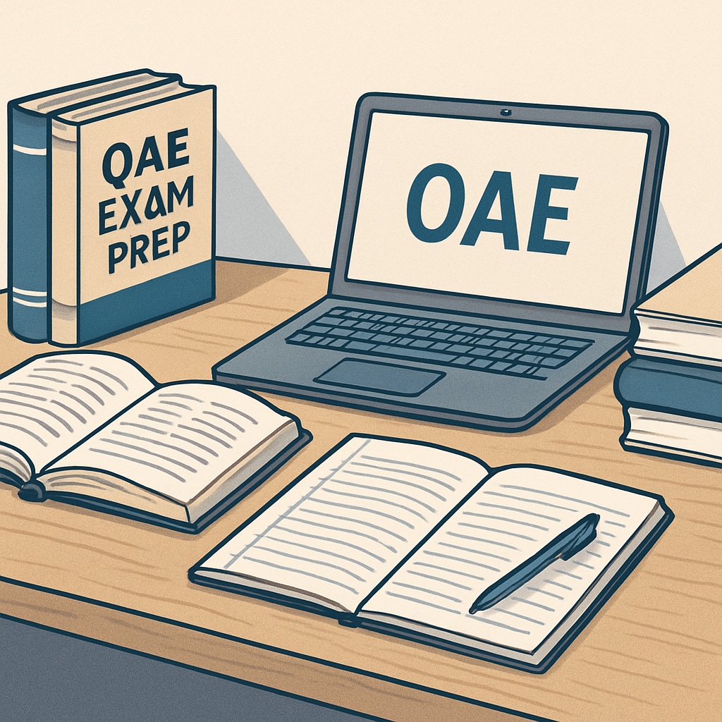 A study desk with neatly arranged books, notes, and a laptop used for OAE exam preparation. Organized study desk for OAE exam preparation with books and a laptop.
