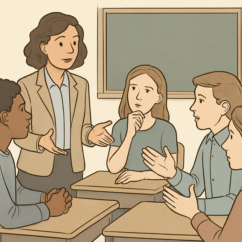 A teacher leading a group discussion with students about an ethical dilemma. Teacher guiding students through a philosophical discussion.