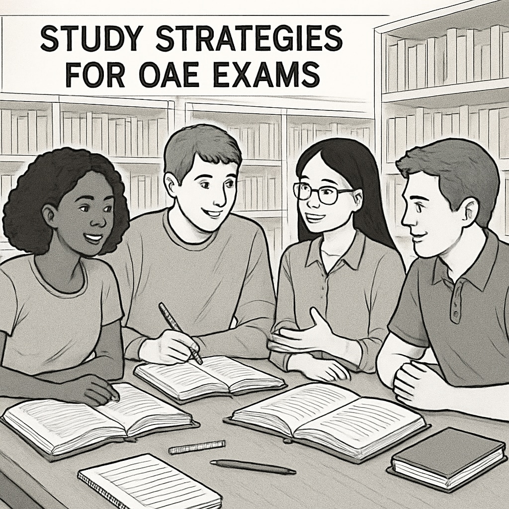 A group of students sitting together in a library, discussing study strategies for OAE exams. Students collaborating in a library to prepare for OAE exams.