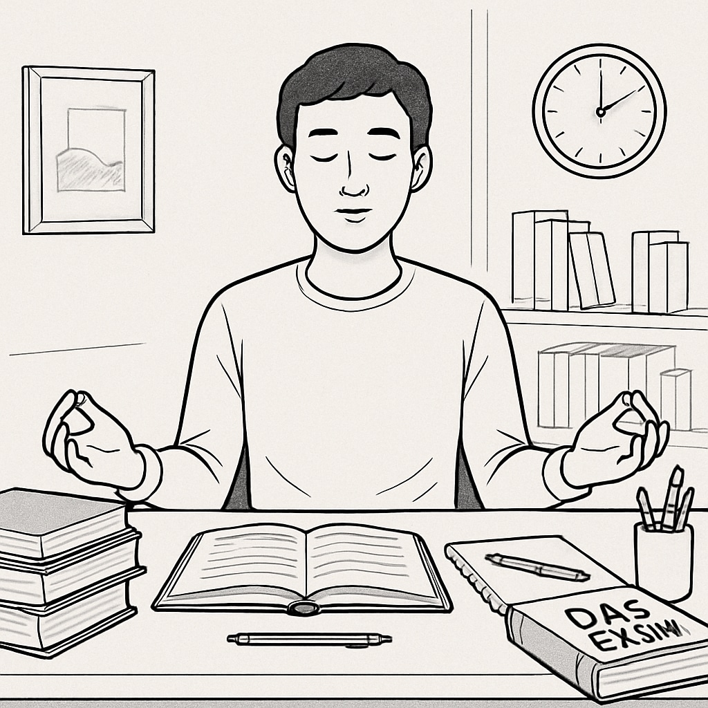 A student practicing mindfulness and studying for the OAE exam at a desk in a calm environment, surrounded by textbooks and study materials. Student preparing for OAE exam, practicing mindfulness at desk.