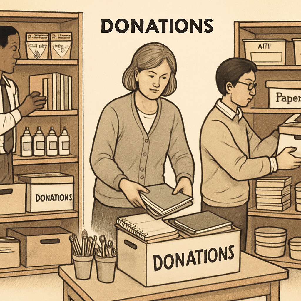Teachers organizing classroom supplies, highlighting the need for donations. Teachers organizing supplies for classrooms, emphasizing the importance of donations.