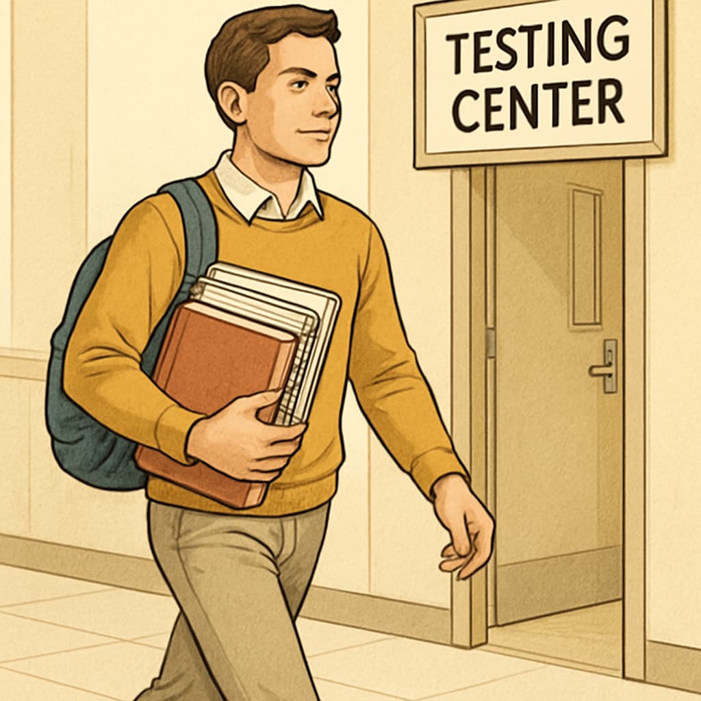 A confident student walking into a testing center, holding study materials and appearing focused and ready. Confident student entering testing center for OAE exam.