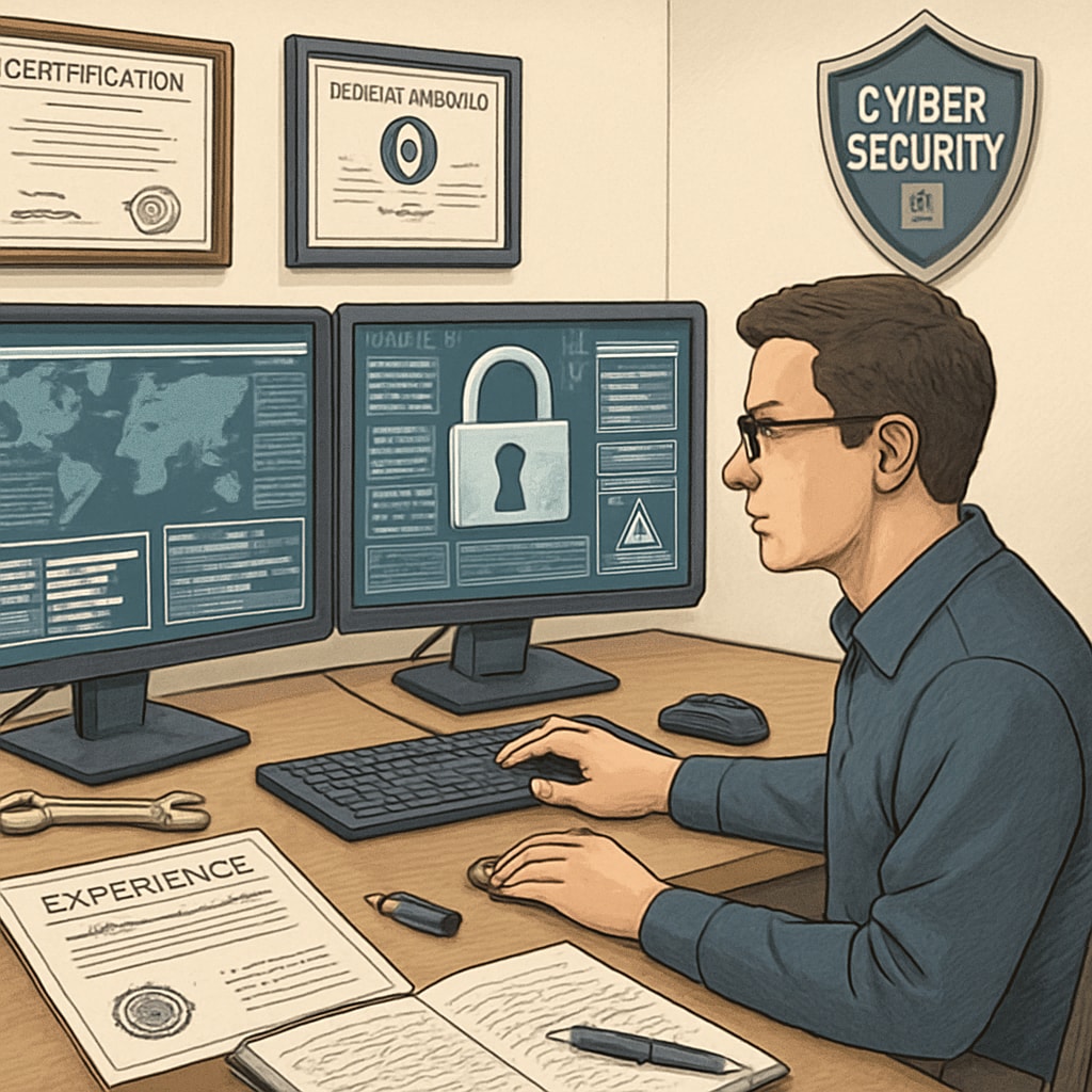 A professional cybersecurity analyst working on multiple monitors, showcasing certifications and hands-on experience. Cybersecurity analyst working with certifications and practical skills