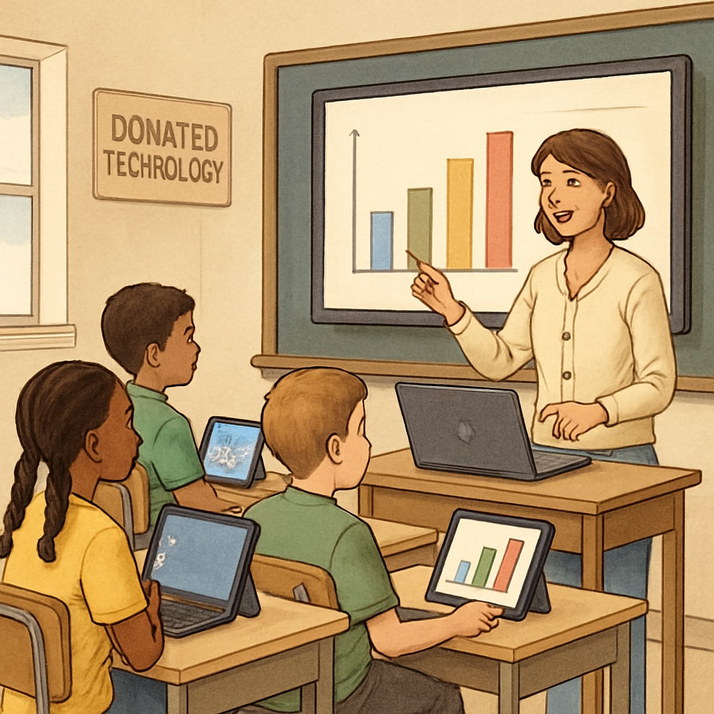 A teacher using donated digital tools in a classroom setting. A teacher and students engaging with donated digital educational tools.
