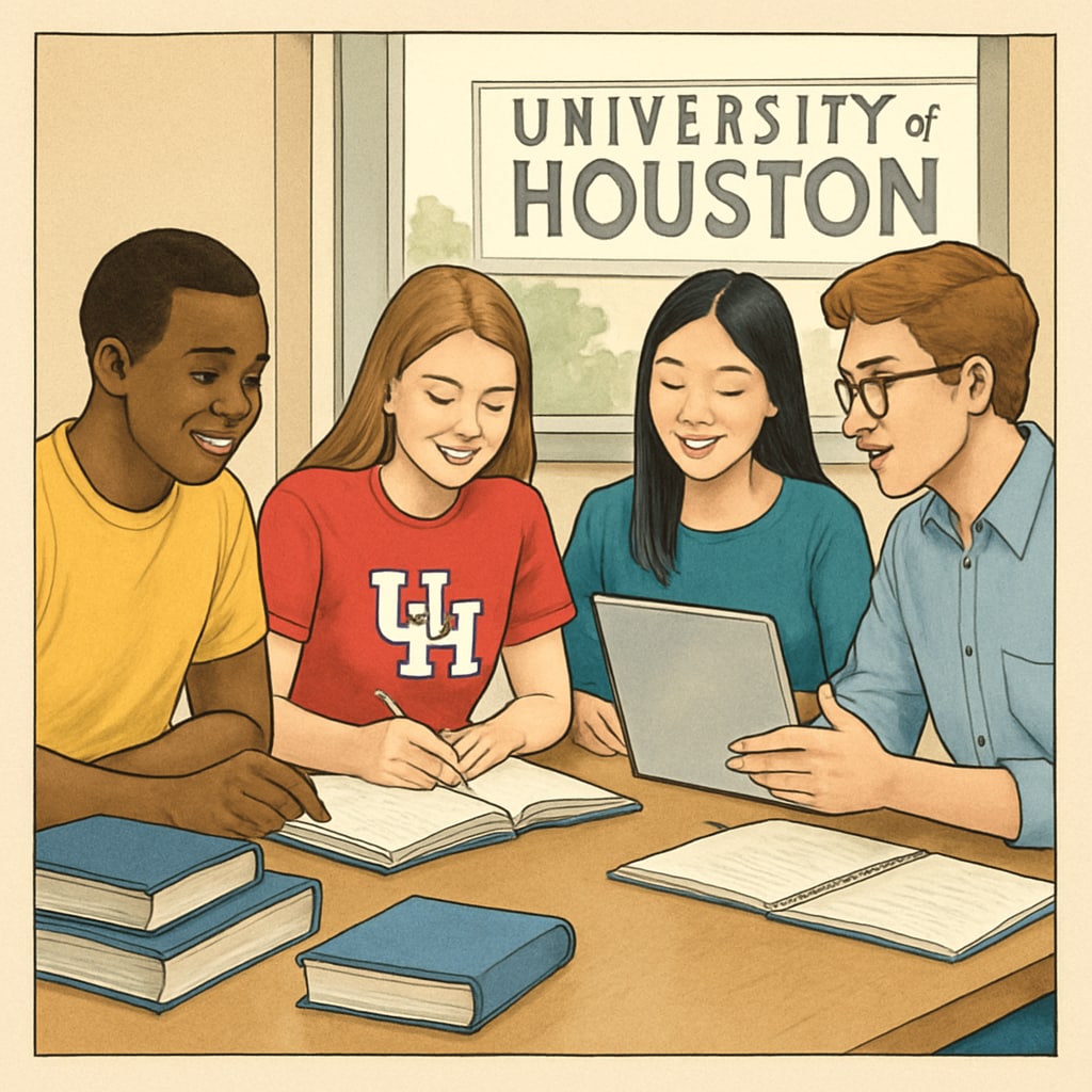 A group of students collaborating in a study session at the University of Houston. Students in a study group at the University of Houston discussing coursework.