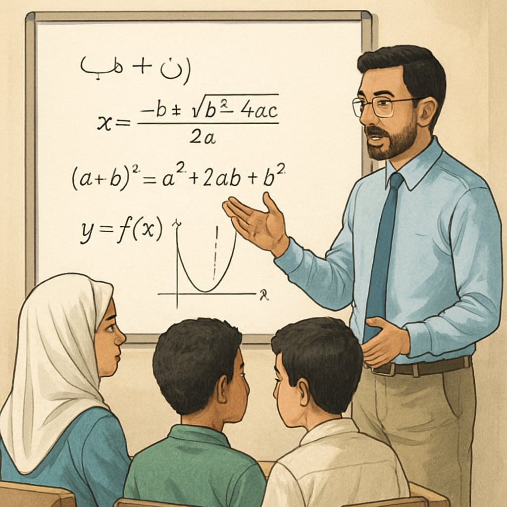 A teacher explaining a complex mathematical concept on a whiteboard to Arabic-speaking students. Teacher explaining high school mathematics to Arabic-speaking students.