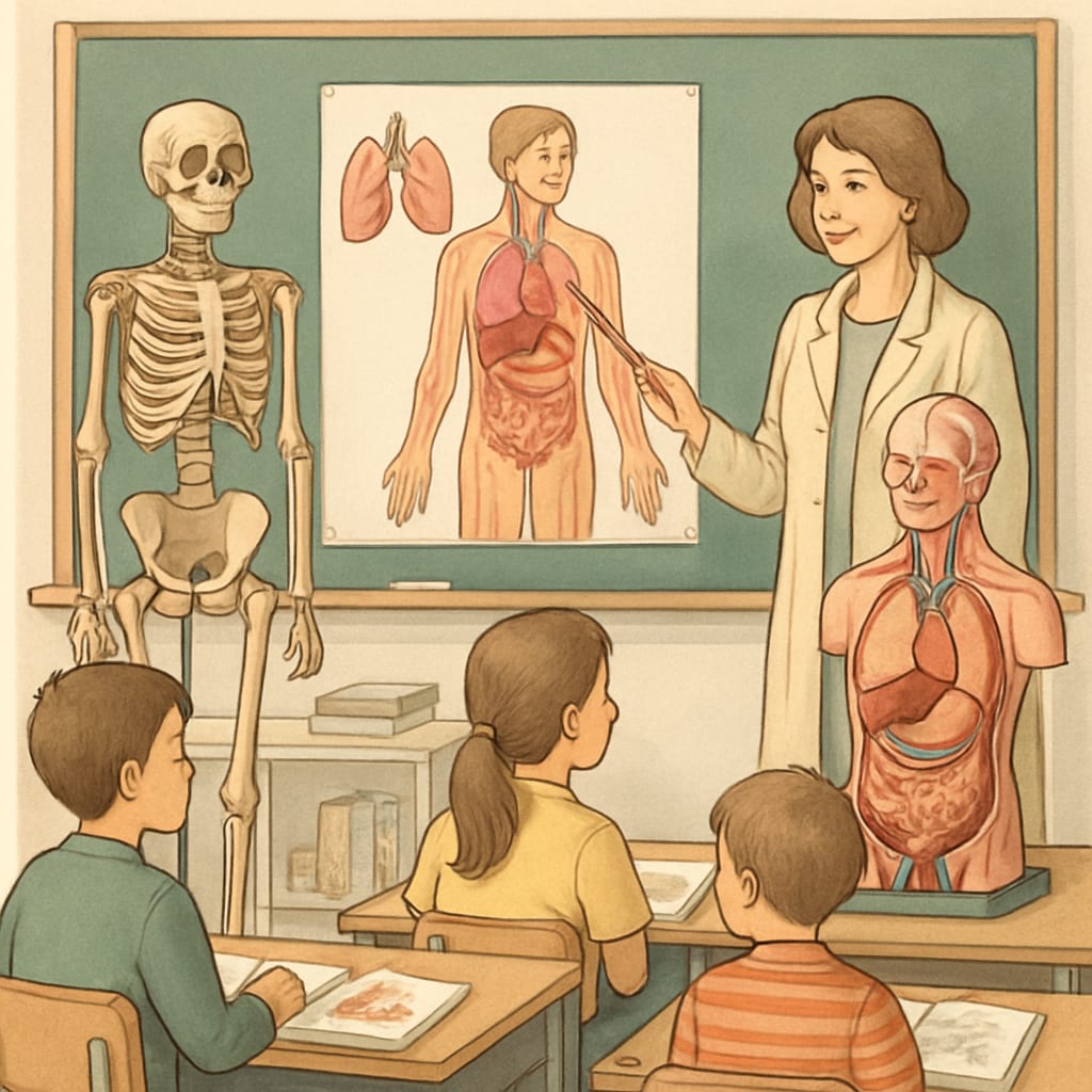 A classroom scene where students are learning basic medical concepts using interactive tools like models of the human body. Students learning medical concepts with interactive tools in a classroom.