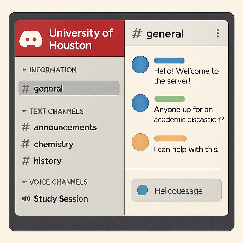 A screenshot of a University of Houston Discord community, showing channels for academic discussions and study sessions. University of Houston Discord server with academic resources and student collaboration.