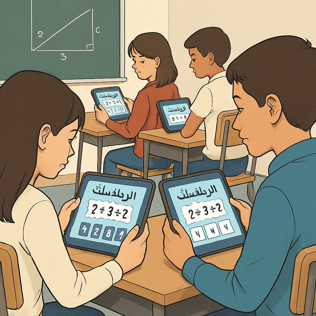 A group of students using an Arabic-language educational app on tablets to learn mathematics. Arabic-speaking students learning mathematics on a tablet-based app.