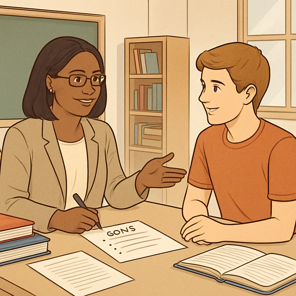 A school counselor sitting with a student, discussing academic and personal goals. A school counselor discussing goals with a student, related to graduate research.