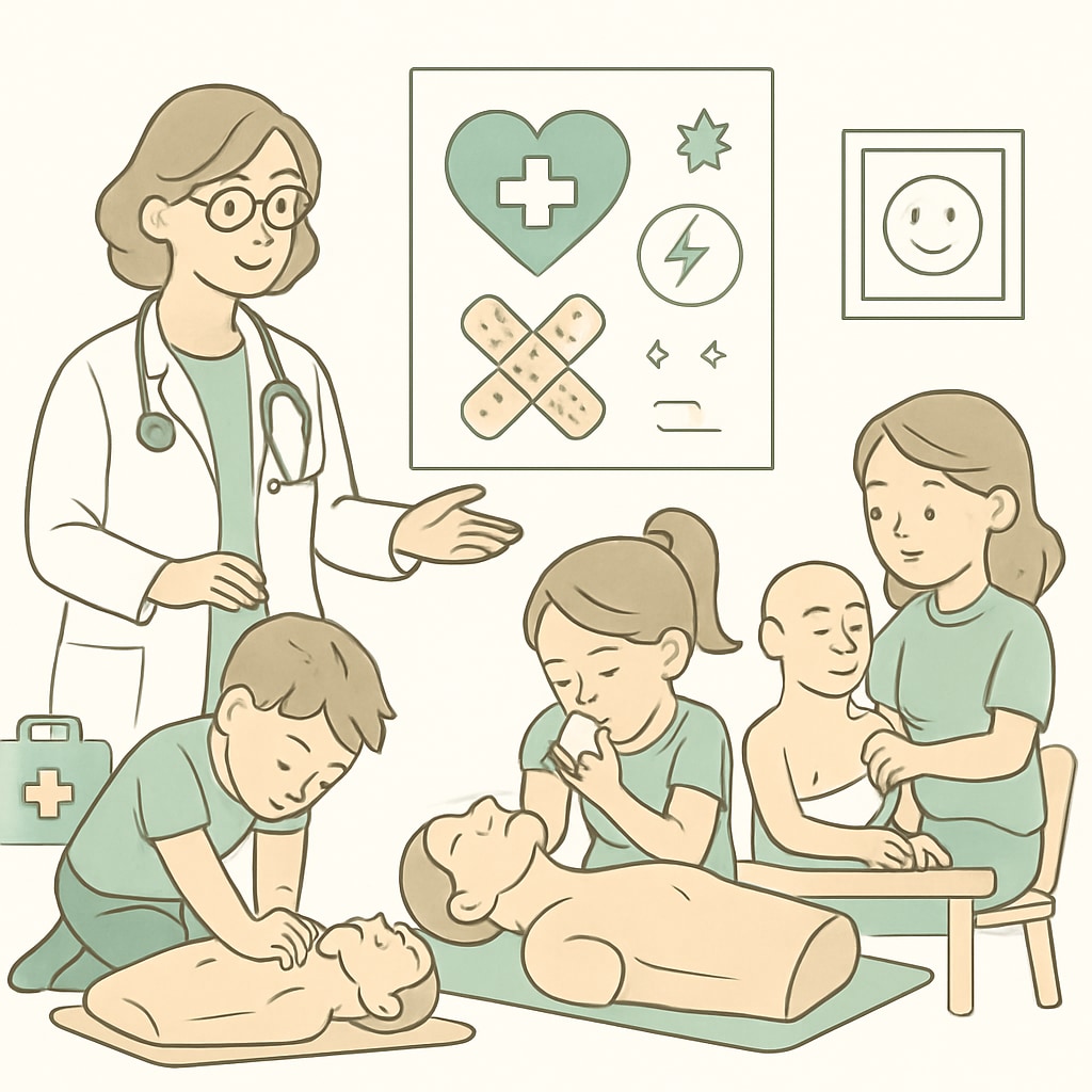 A child-friendly medical workshop where students practice first-aid techniques on dummies under the guidance of a healthcare professional. Students practicing first-aid techniques under professional guidance in a workshop.
