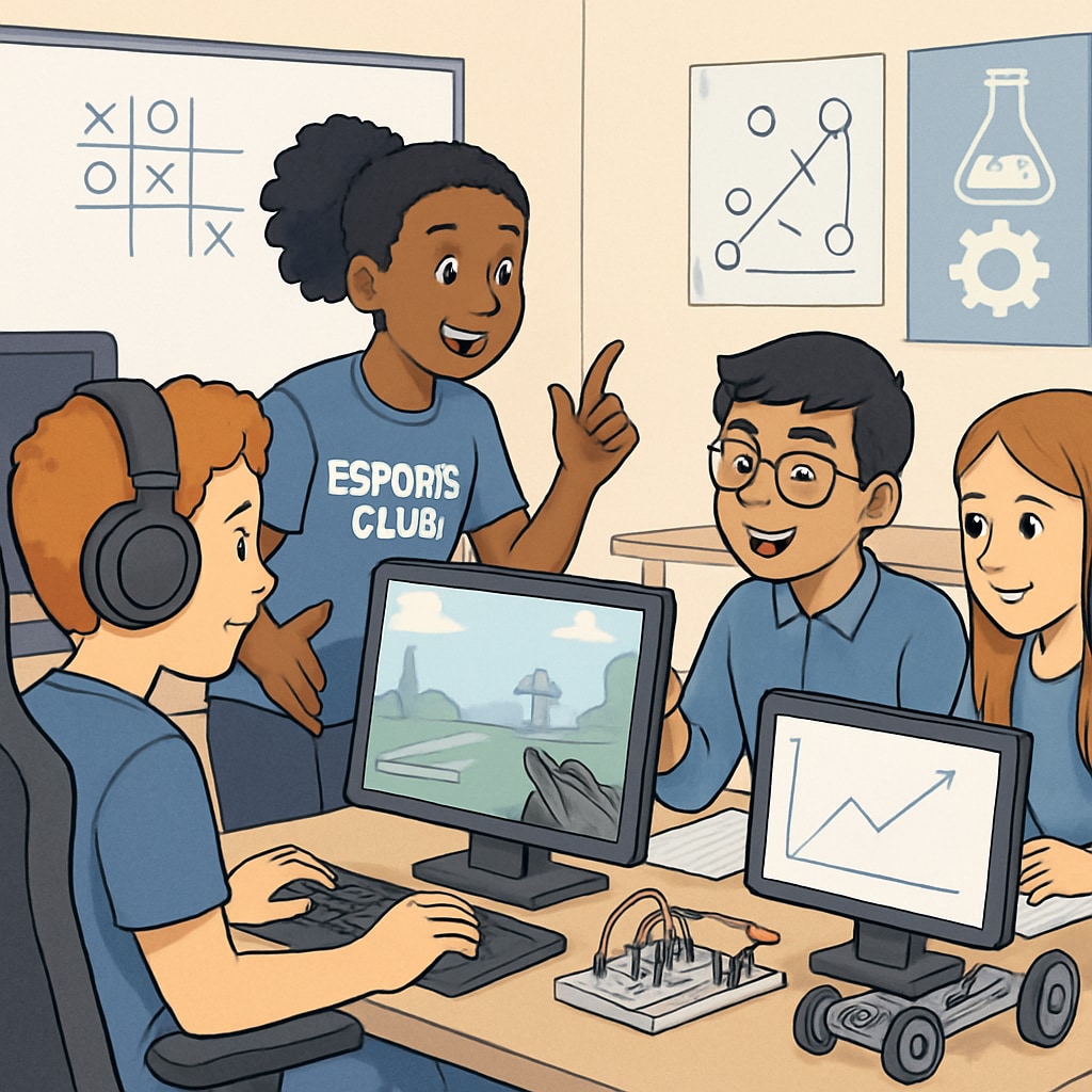 A group of students collaborating in an esports club, working on both gaming strategies and STEM-related projects. Students in an esports club combining gaming strategies with STEM learning activities