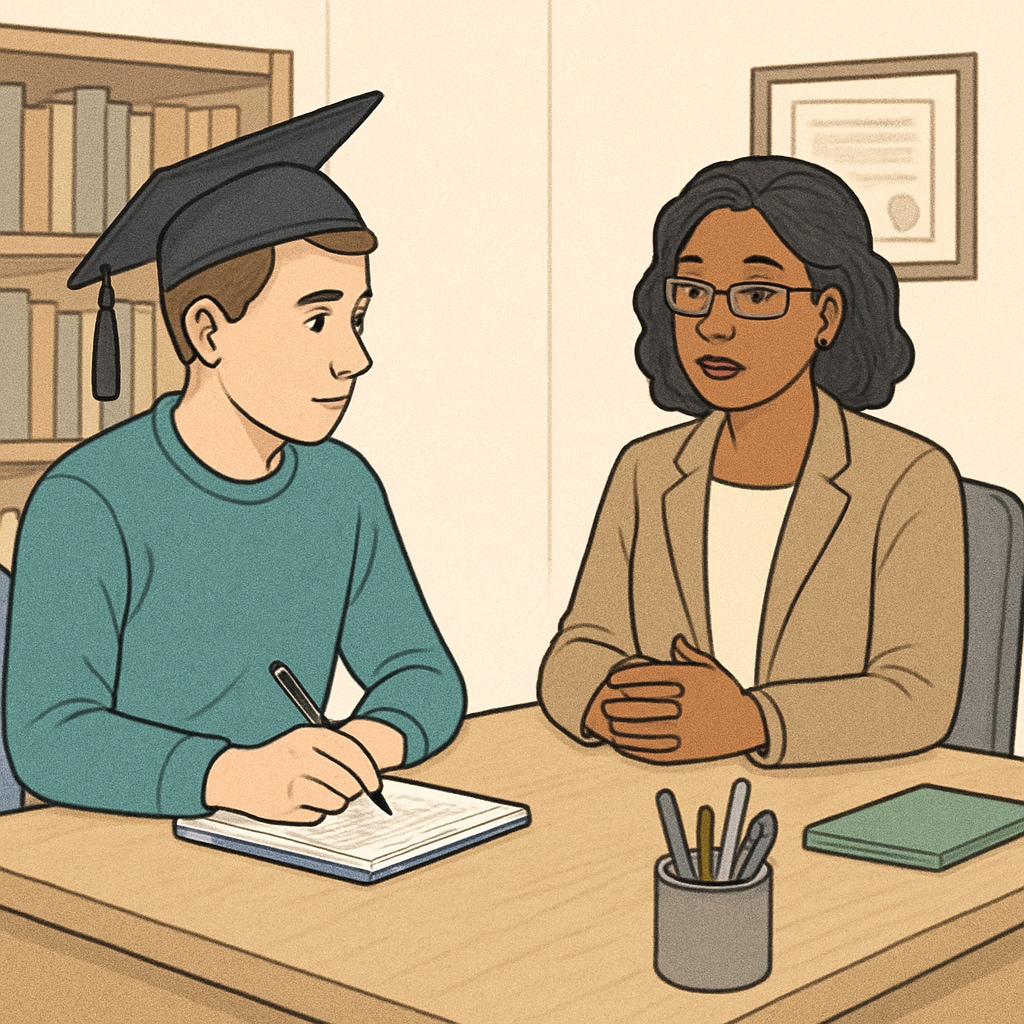 A graduate student taking notes during an interview with a school counselor in an office setting. A graduate student conducting an interview with a school counselor for research purposes.
