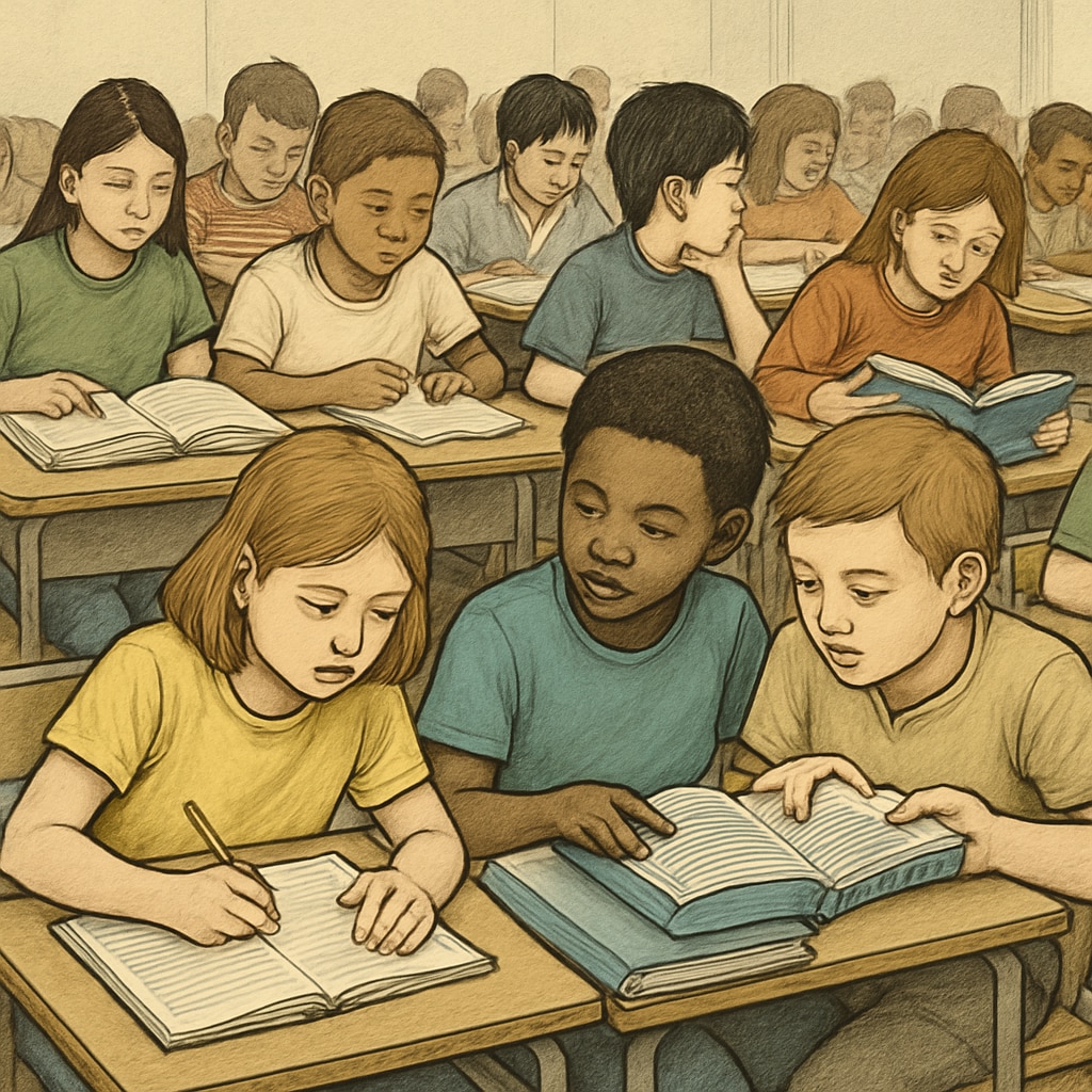 A group of students sitting in an overcrowded public school classroom, highlighting resource scarcity. Overcrowded classroom in public school showing resource challenges.