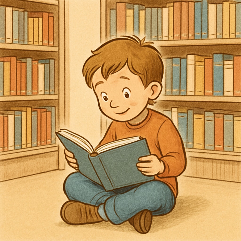 A child reading a book in a library, visibly engaged and curious about the story. A young student reading a book, promoting reading comprehension and engagement.