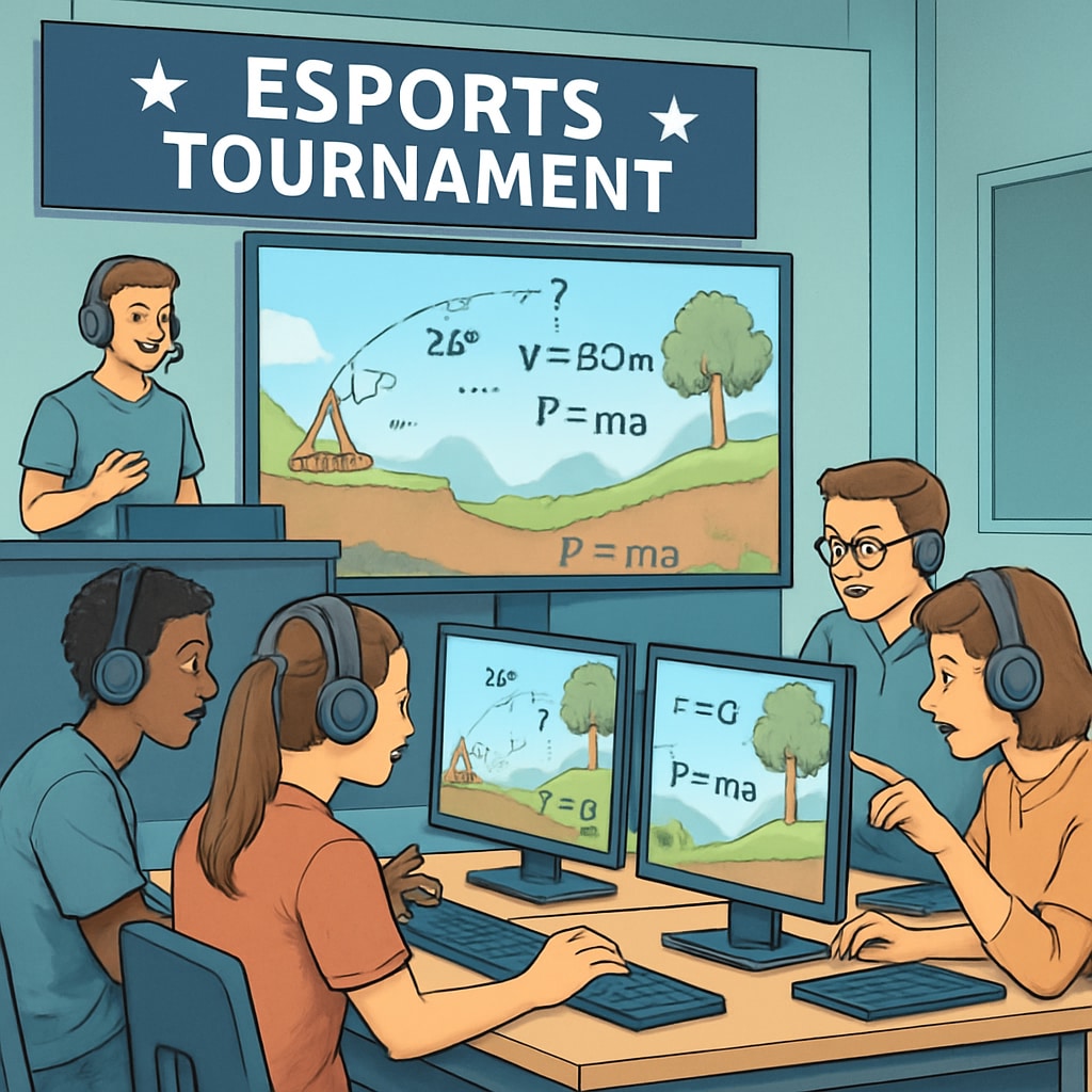 An esports tournament setting where students are actively engaging in game-based learning activities, such as calculating in-game physics. Students participating in an esports tournament with gamified learning elements