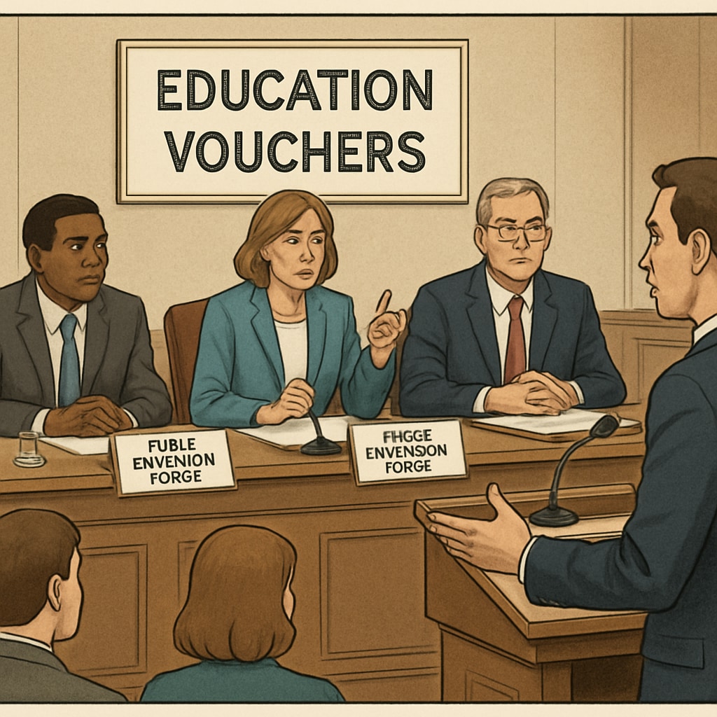 A legislative hearing discussing education vouchers, with lawmakers debating the allocation of public education funds. Legislative hearing on education vouchers and public fund allocation.