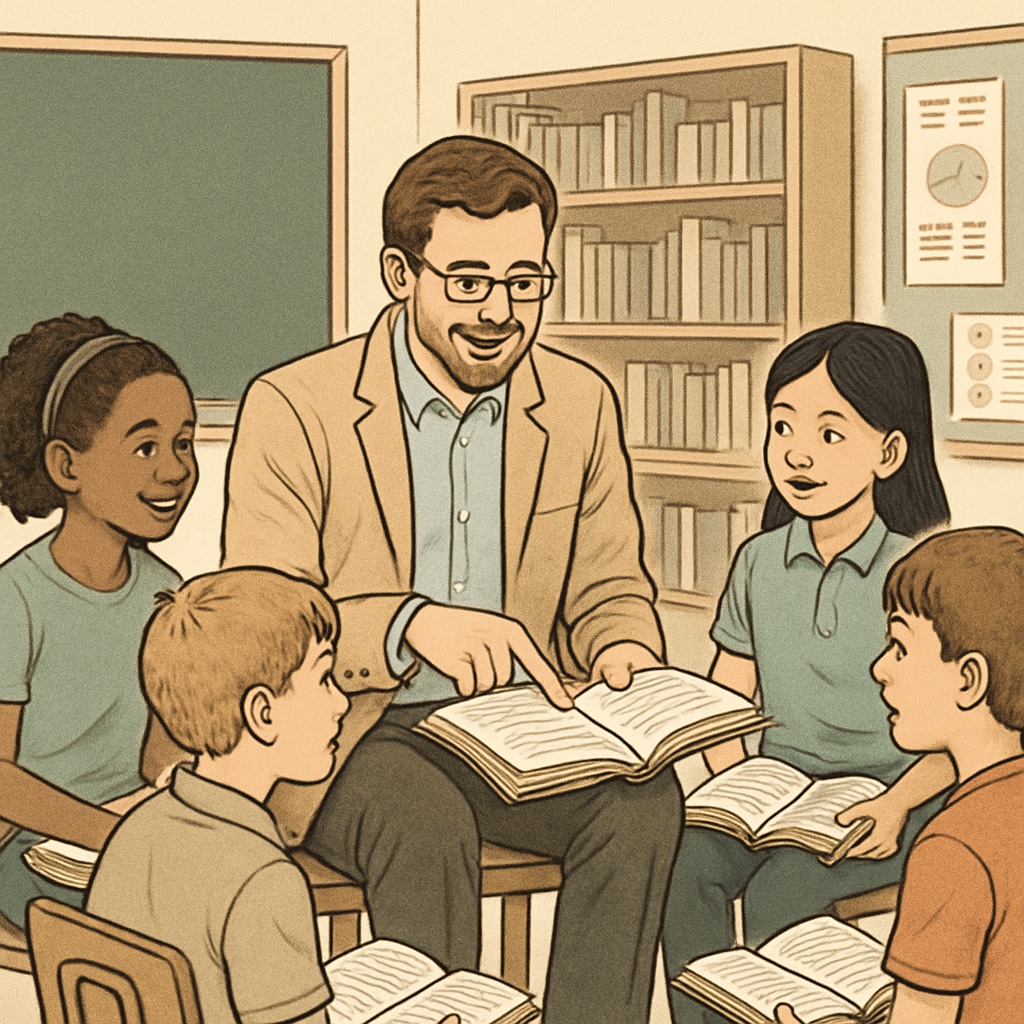 A teacher guiding students in a group book discussion, fostering interactive learning and comprehension. A teacher leading a book discussion with students, emphasizing intrinsic reading interest.