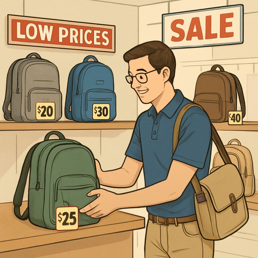A college student shopping for a backpack during a seasonal sale, emphasizing affordability. College student shopping for an affordable backpack during a sale.
