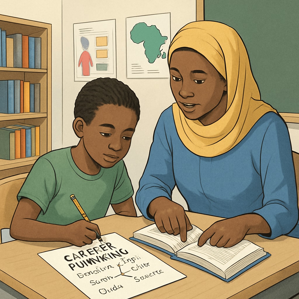 A young Malian student working on a career planning project with a teacher, emphasizing the importance of early guidance in developing countries. Career development guidance for K12 students in Mali, focusing on financial industry aspirations.