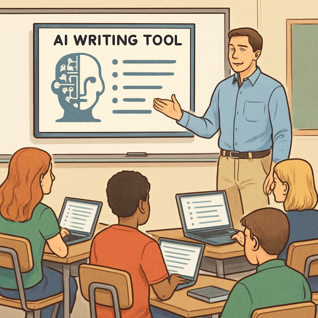 A classroom environment with students using laptops and an AI writing tool being demonstrated by a teacher. Students in a classroom using laptops, with a teacher showcasing an AI writing tool.